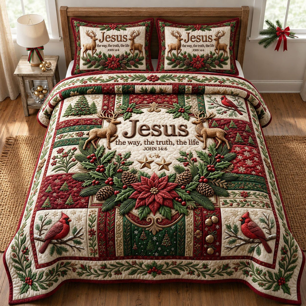 Christmas Floral Bible quilted 3-piece bedding set on a made bed in a winter-styled bedroom