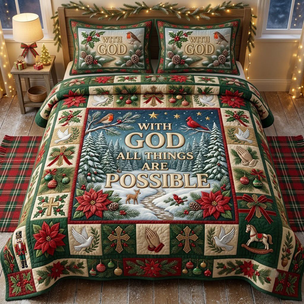 Christmas Floral Bible quilted 3-piece bedding set on a made bed in a winter-styled bedroom