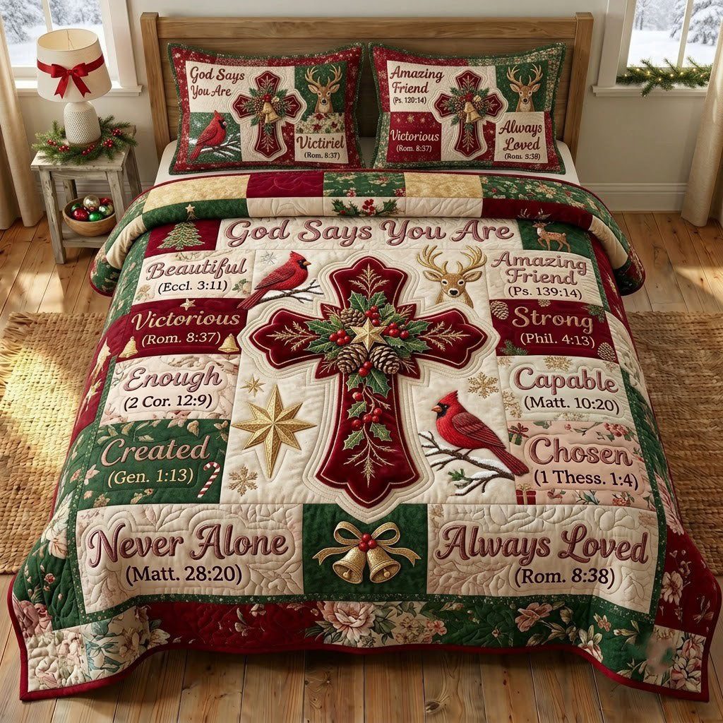 Christmas Floral Bible quilted 3-piece bedding set on a made bed in a winter-styled bedroom
