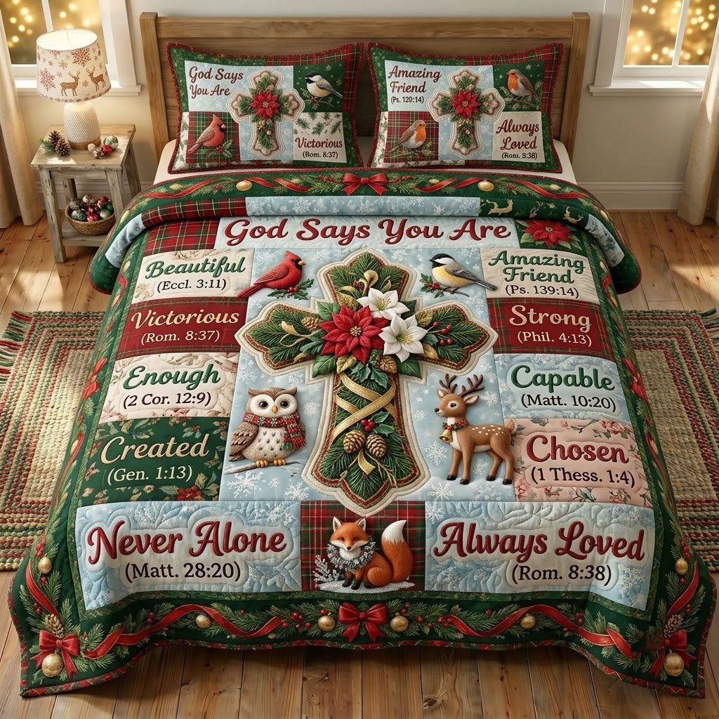 Christmas Floral Bible quilted 3-piece bedding set on a made bed in a winter-styled bedroom