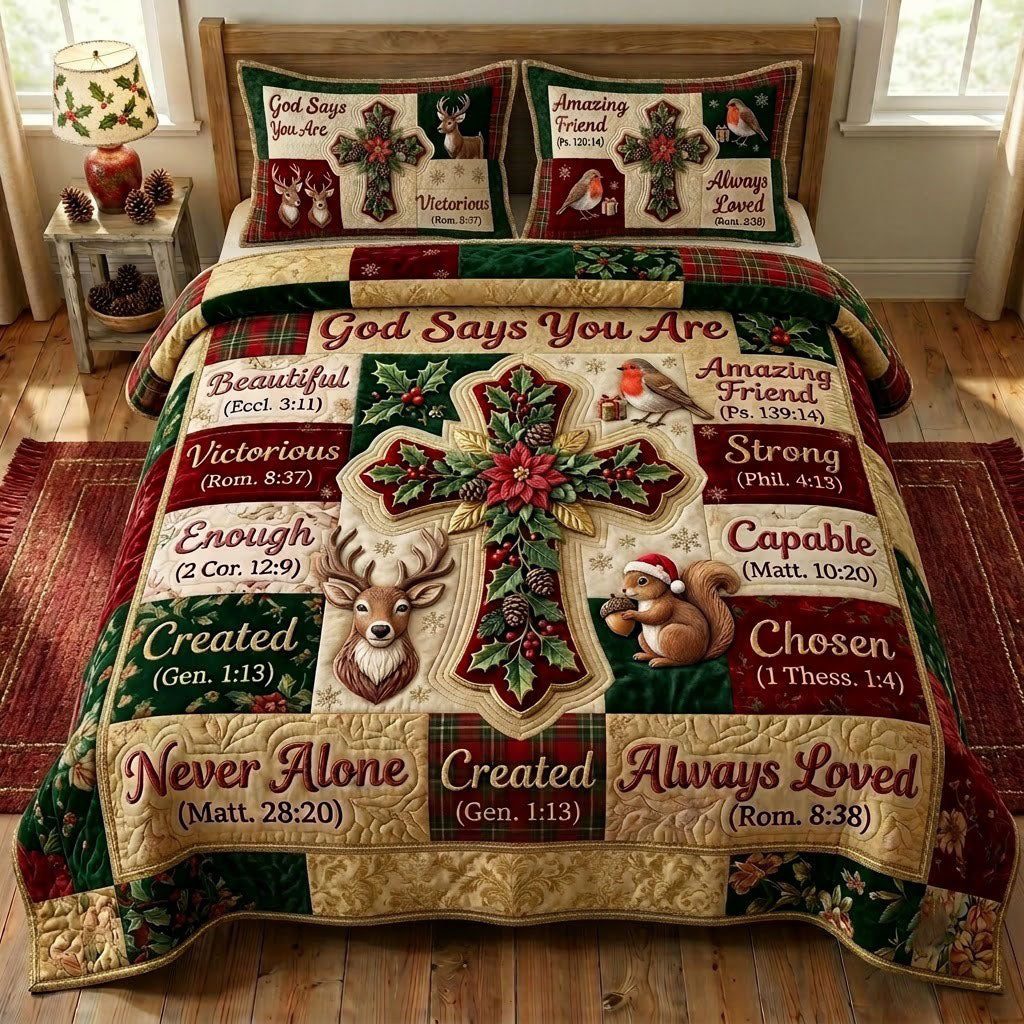 Christmas Floral Bible quilted 3-piece bedding set on a made bed in a winter-styled bedroom