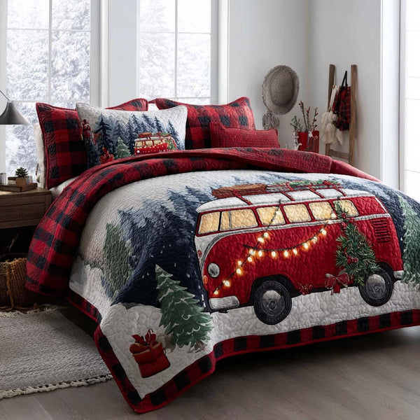 Christmas Forest Camp quilted 3-piece bedding set on a made bed in a winter-styled bedroom