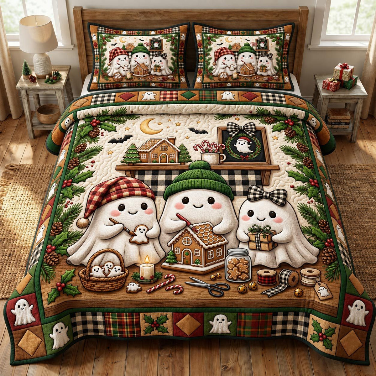 Christmas Ghost quilted 3-piece bedding set on a made bed in a winter-styled bedroom
