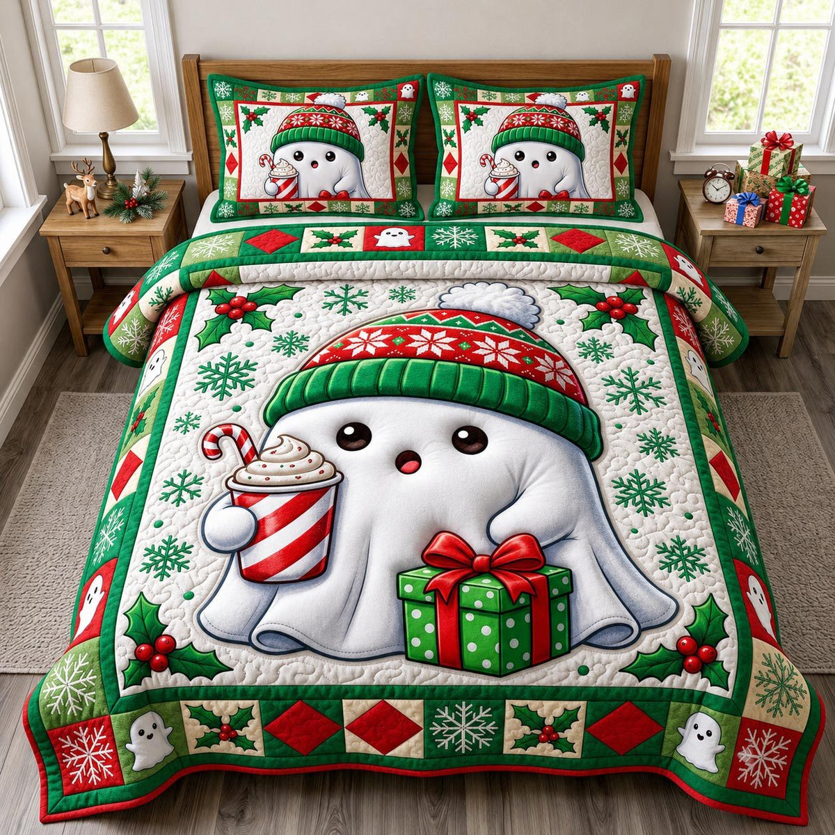 Christmas Ghost quilted 3-piece bedding set on a made bed in a winter-styled bedroom