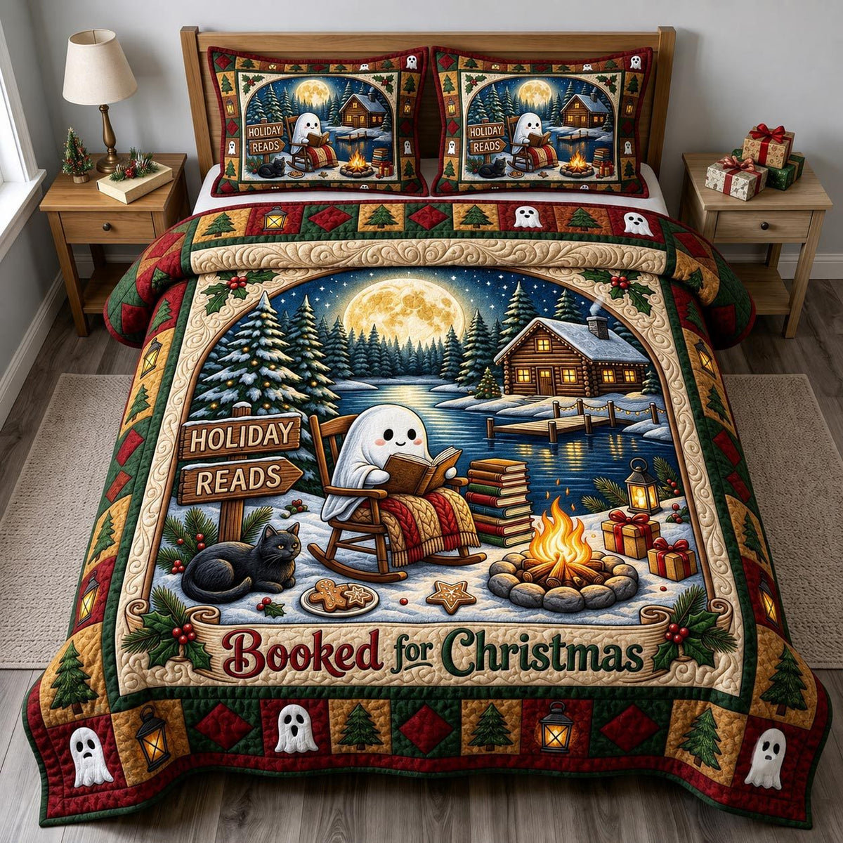 Christmas Ghost quilted 3-piece bedding set on a made bed in a winter-styled bedroom