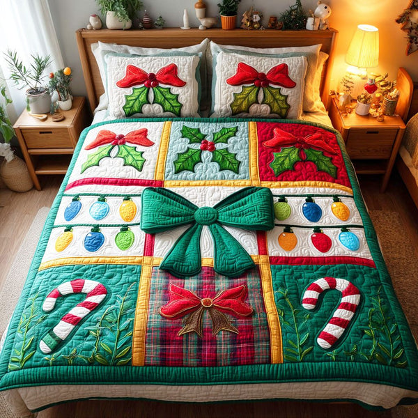 Christmas Glow quilted 3-piece bedding set on a made bed in a winter-styled bedroom