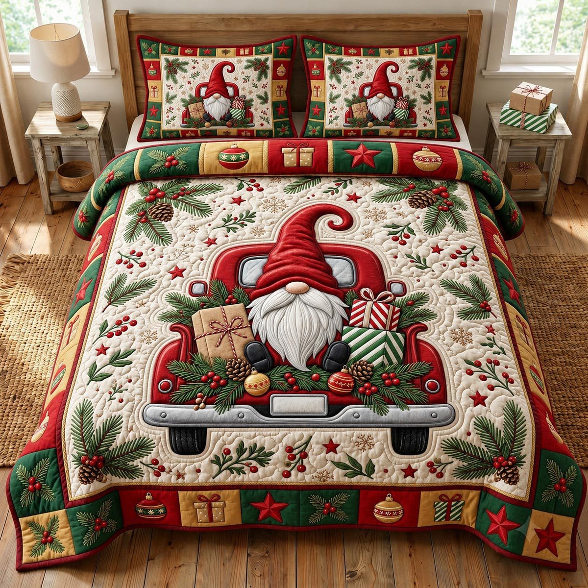 Christmas Gnome quilted 3-piece bedding set on a made bed in a winter-styled bedroom