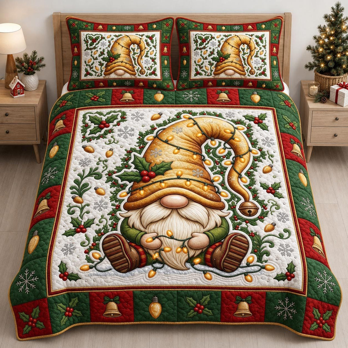 Christmas Gnome quilted 3-piece bedding set on a made bed in a winter-styled bedroom
