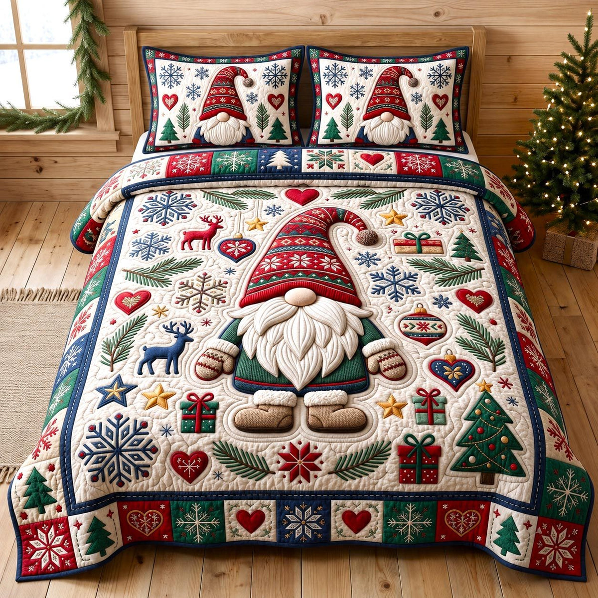 Christmas Gnome quilted 3-piece bedding set on a made bed in a winter-styled bedroom