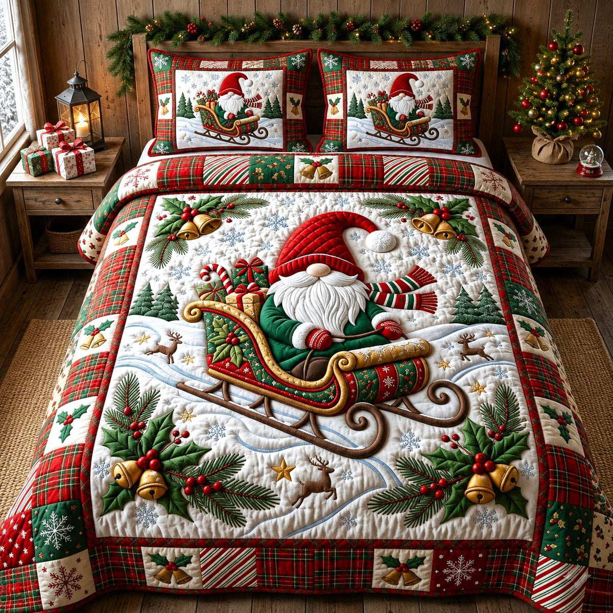 Christmas Gnome quilted 3-piece bedding set on a made bed in a winter-styled bedroom