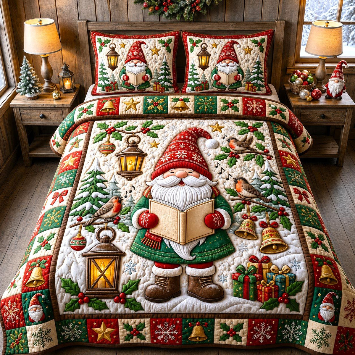 Christmas Gnome quilted 3-piece bedding set on a made bed in a winter-styled bedroom