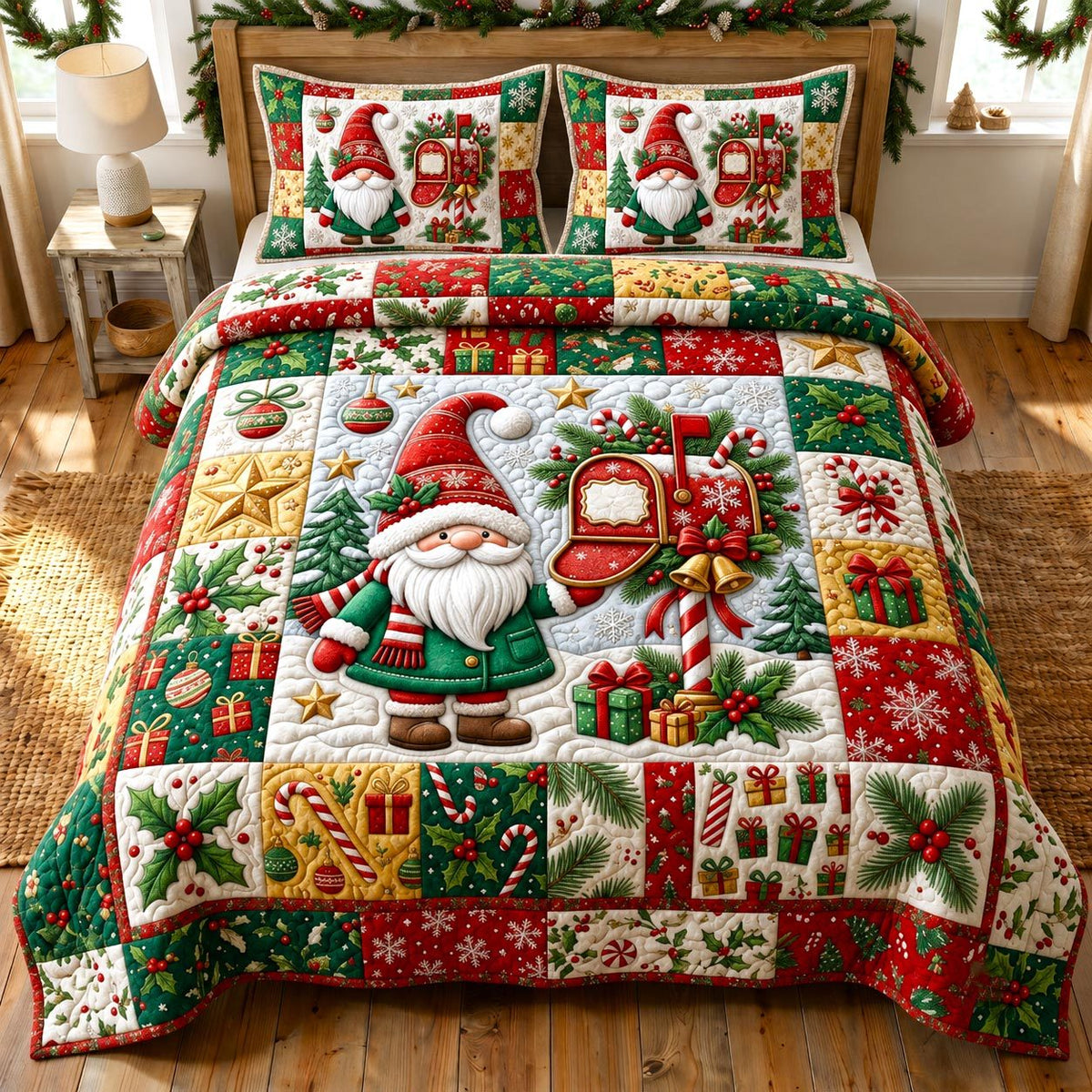 Christmas Gnome quilted 3-piece bedding set on a made bed in a winter-styled bedroom