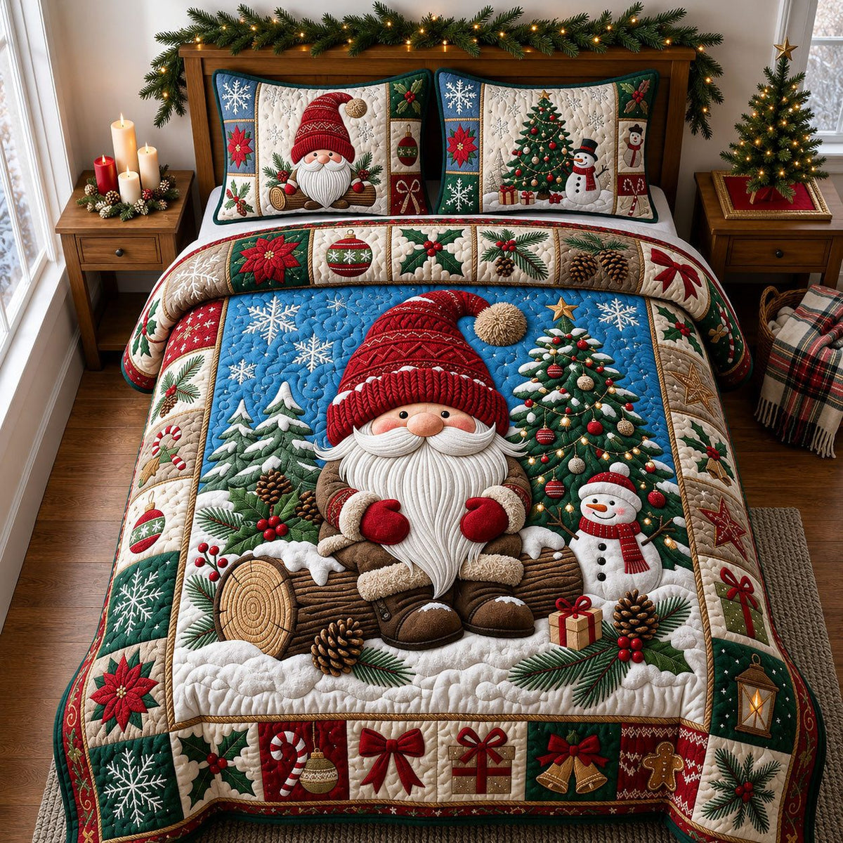 Christmas Gnome quilted 3-piece bedding set on a made bed in a winter-styled bedroom