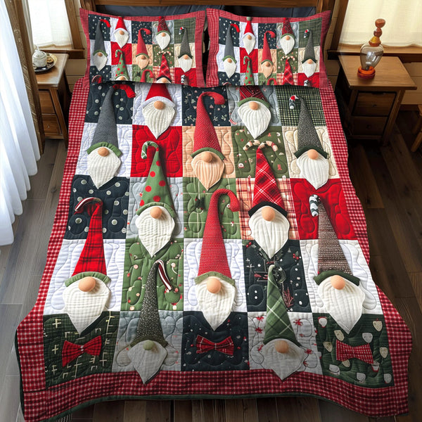 Christmas Gnome quilted 3-piece bedding set on a made bed in a winter-styled bedroom