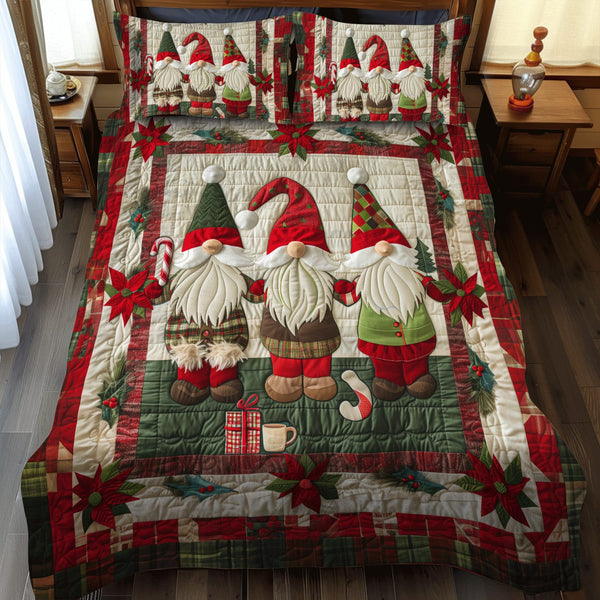 Christmas Gnome quilted 3-piece bedding set on a made bed in a winter-styled bedroom