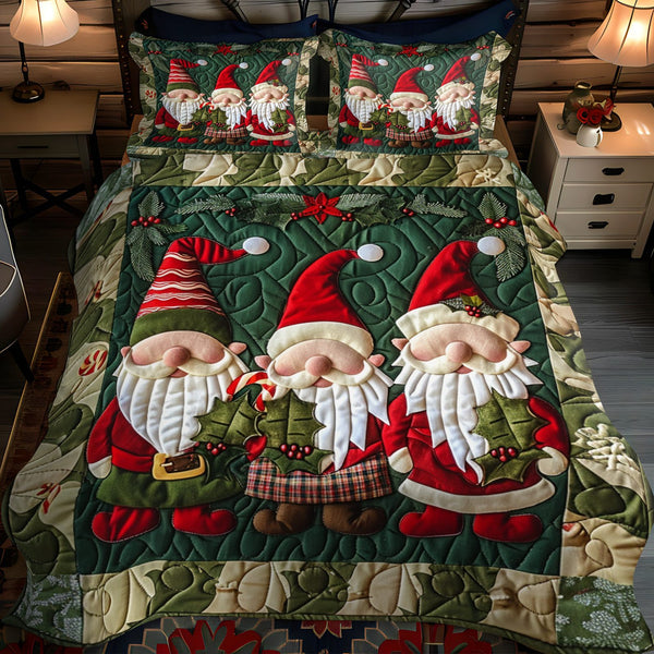 Christmas Gnomes quilted 3-piece bedding set on a made bed in a winter-styled bedroom