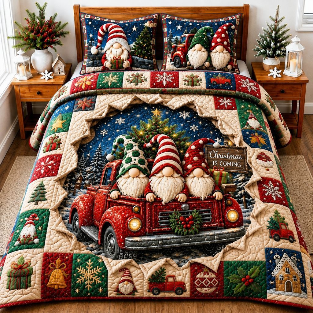 Christmas Gnomes Wonderland quilted 3-piece bedding set on a made bed in a winter-styled bedroom