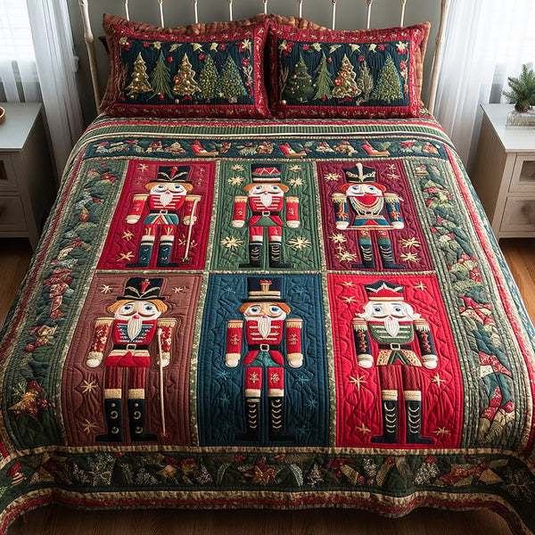 Christmas Guard quilted 3-piece bedding set on a made bed in a winter-styled bedroom