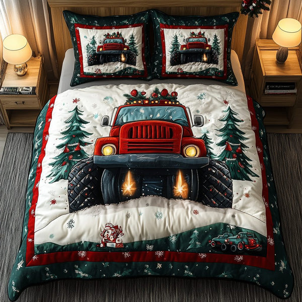 Christmas Haul quilted 3-piece bedding set on a made bed in a winter-styled bedroom