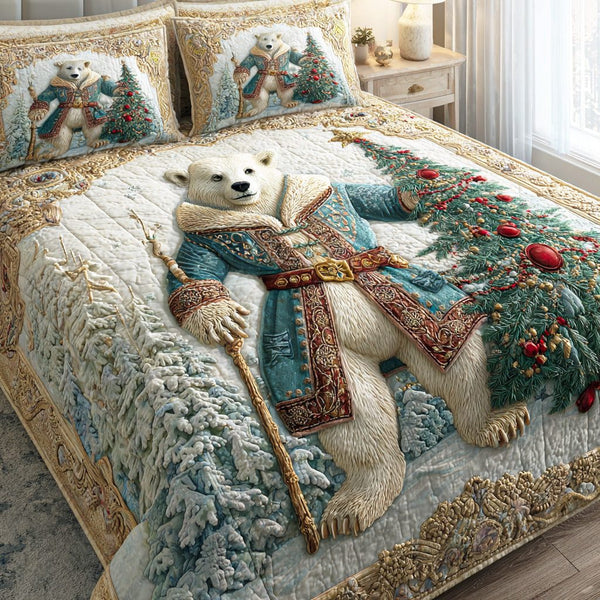 Christmas Hearth Bear quilted 3-piece bedding set on a made bed in a winter-styled bedroom