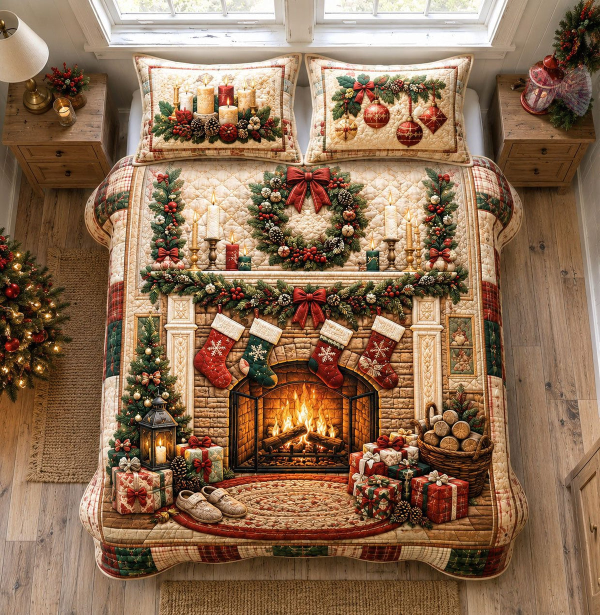 Christmas Hearth Blessings quilted 3-piece bedding set on a made bed in a winter-styled bedroom