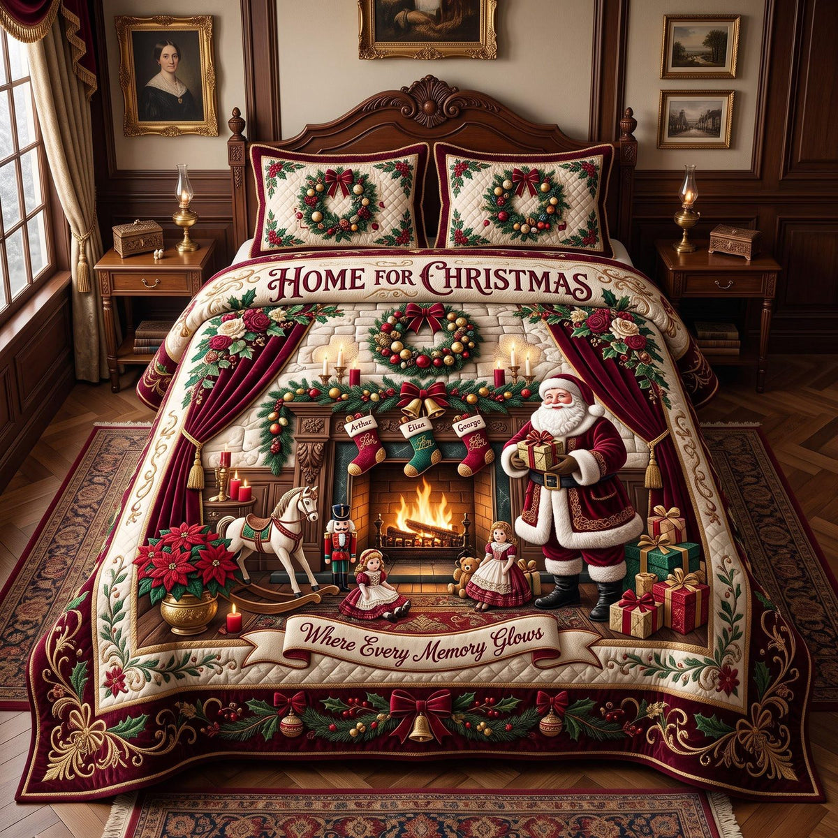Christmas Hearth quilted 3-piece bedding set on a made bed in a winter-styled bedroom