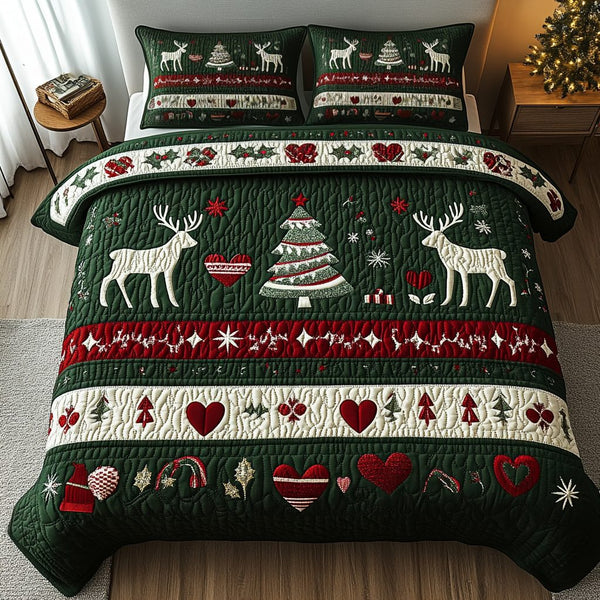 Christmas Heartland quilted 3-piece bedding set on a made bed in a winter-styled bedroom