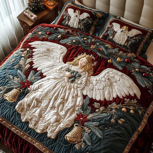 Christmas Heralds quilted 3-piece bedding set on a made bed in a winter-styled bedroom