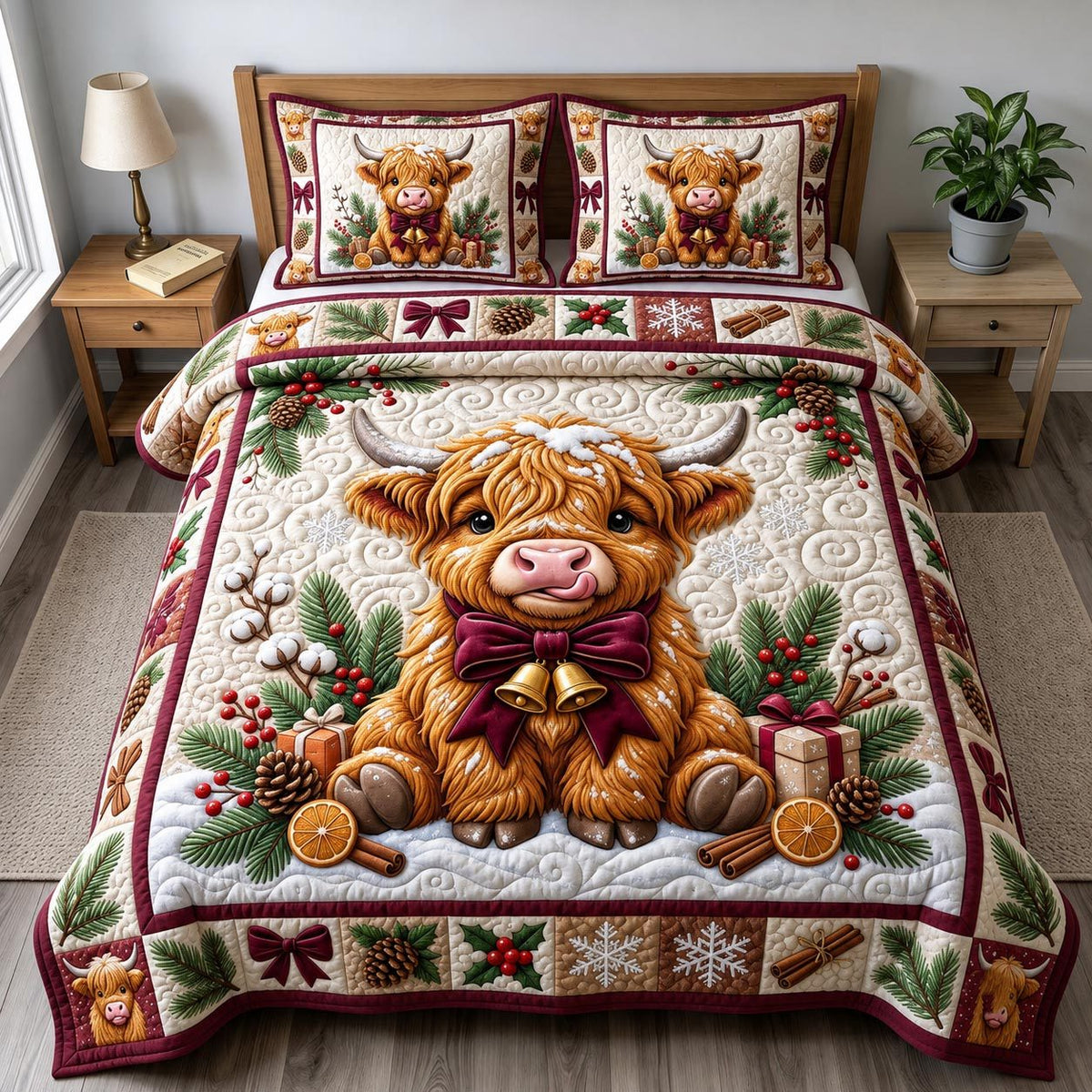 Christmas Highland Cow quilted 3-piece bedding set on a made bed in a winter-styled bedroom