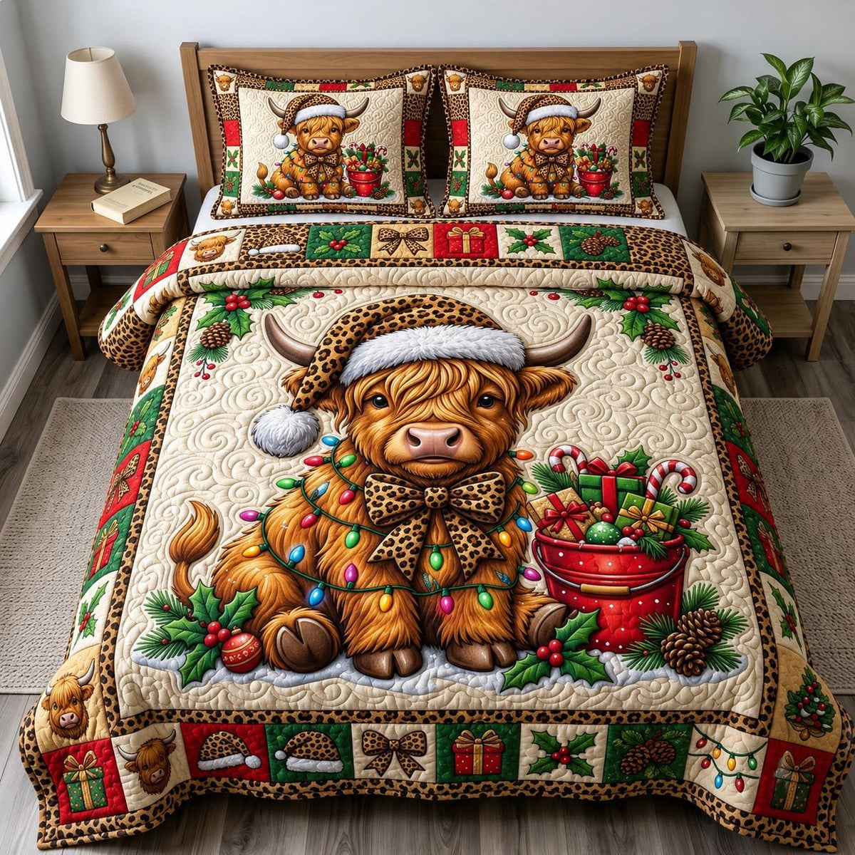 Christmas Highland Cow quilted 3-piece bedding set on a made bed in a winter-styled bedroom