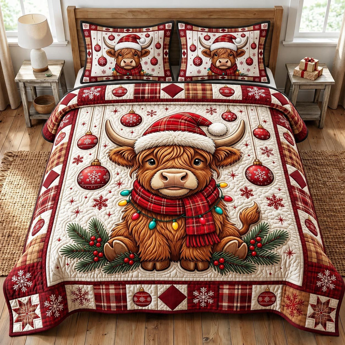 Christmas Highland Cow quilted 3-piece bedding set on a made bed in a winter-styled bedroom