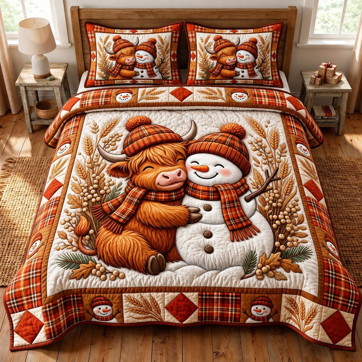 Christmas Highland Cow quilted 3-piece bedding set on a made bed in a winter-styled bedroom