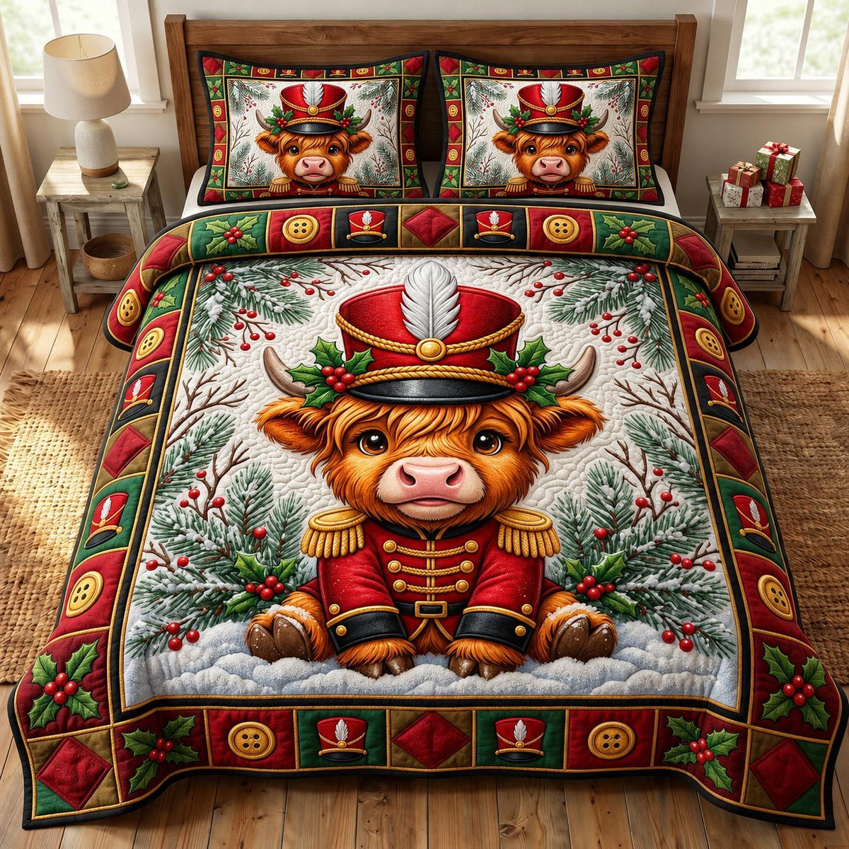 Christmas Highland Cow quilted 3-piece bedding set on a made bed in a winter-styled bedroom