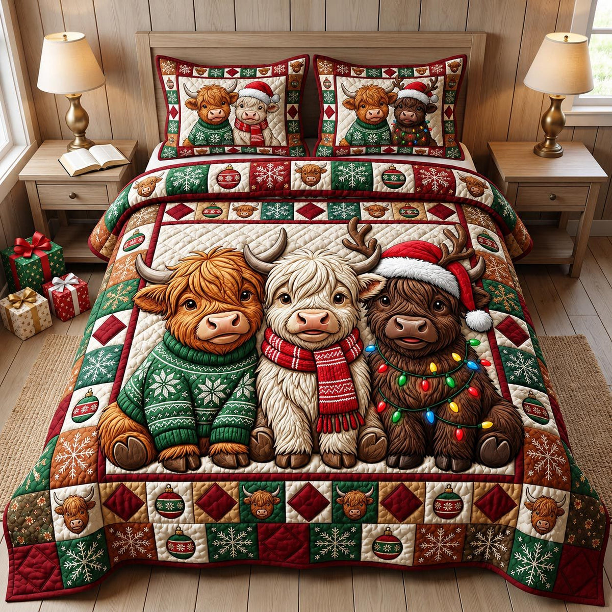 Christmas Highland Cow quilted 3-piece bedding set on a made bed in a winter-styled bedroom