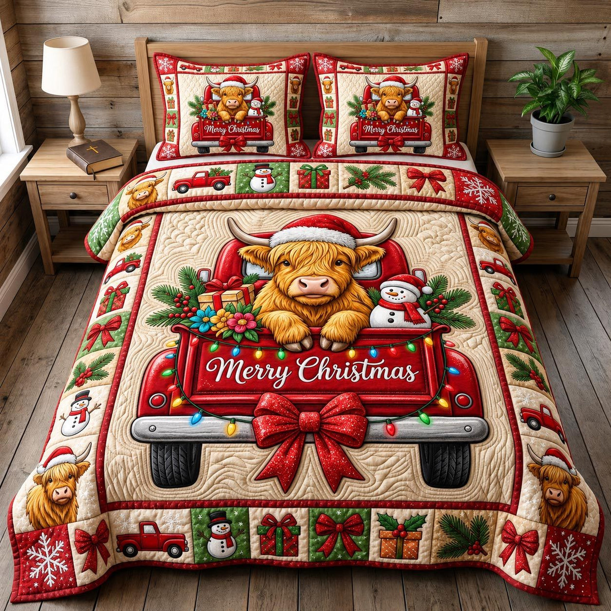 Christmas Highland Cow quilted 3-piece bedding set on a made bed in a winter-styled bedroom
