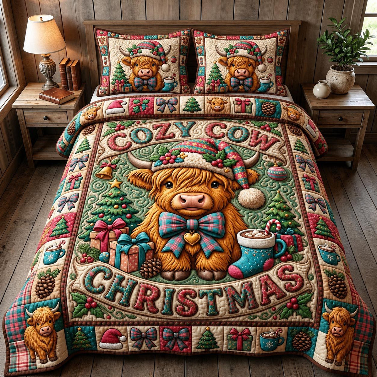 Christmas Highland Cow quilted 3-piece bedding set on a made bed in a winter-styled bedroom