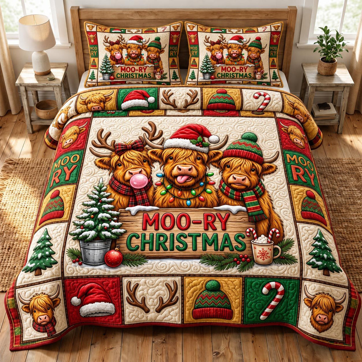 Christmas Highland Cow quilted 3-piece bedding set on a made bed in a winter-styled bedroom
