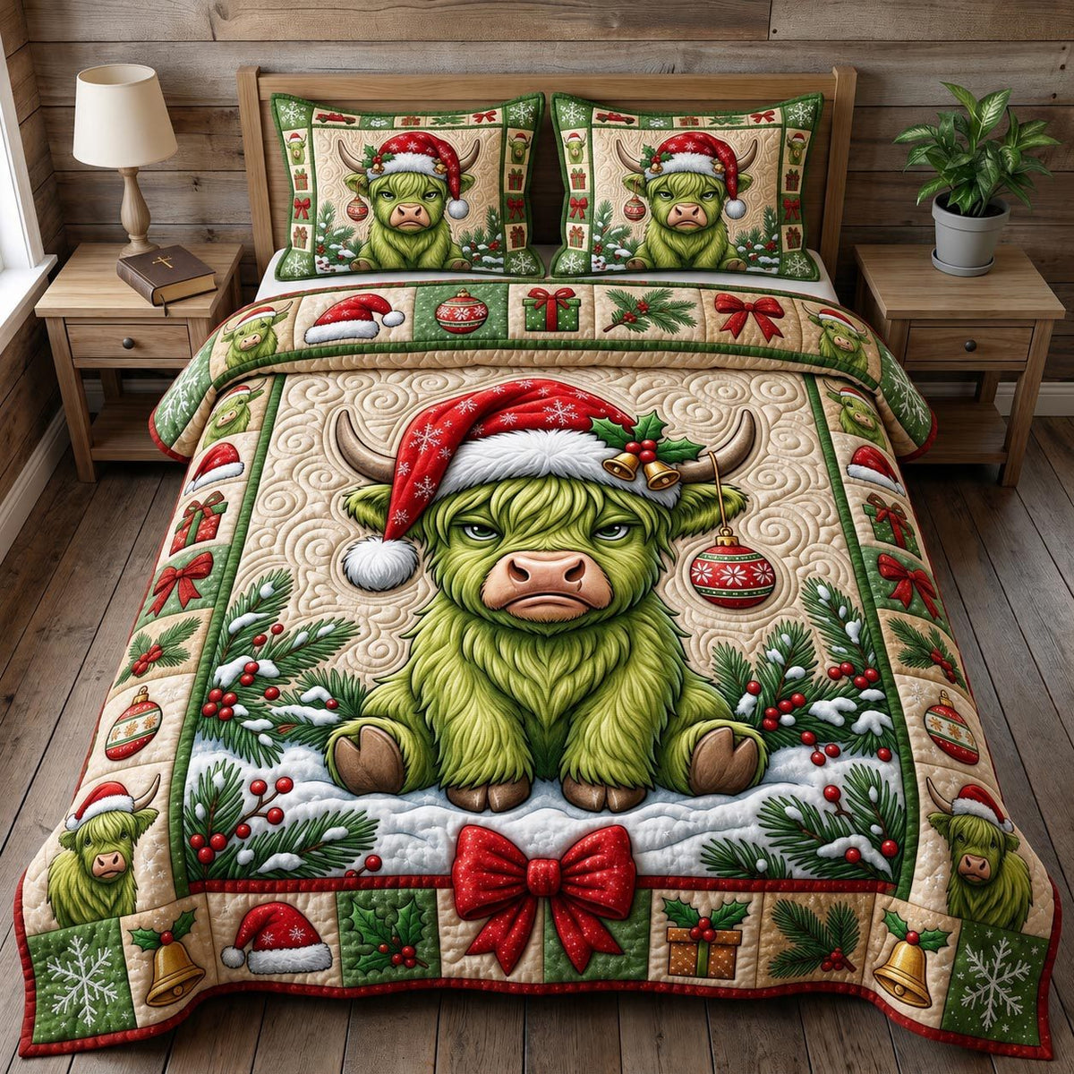 Christmas Highland Cow quilted 3-piece bedding set on a made bed in a winter-styled bedroom