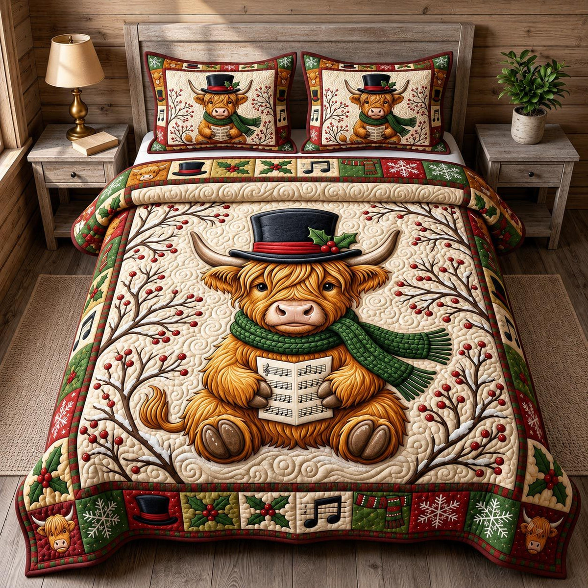 Christmas Highland Cow quilted 3-piece bedding set on a made bed in a winter-styled bedroom