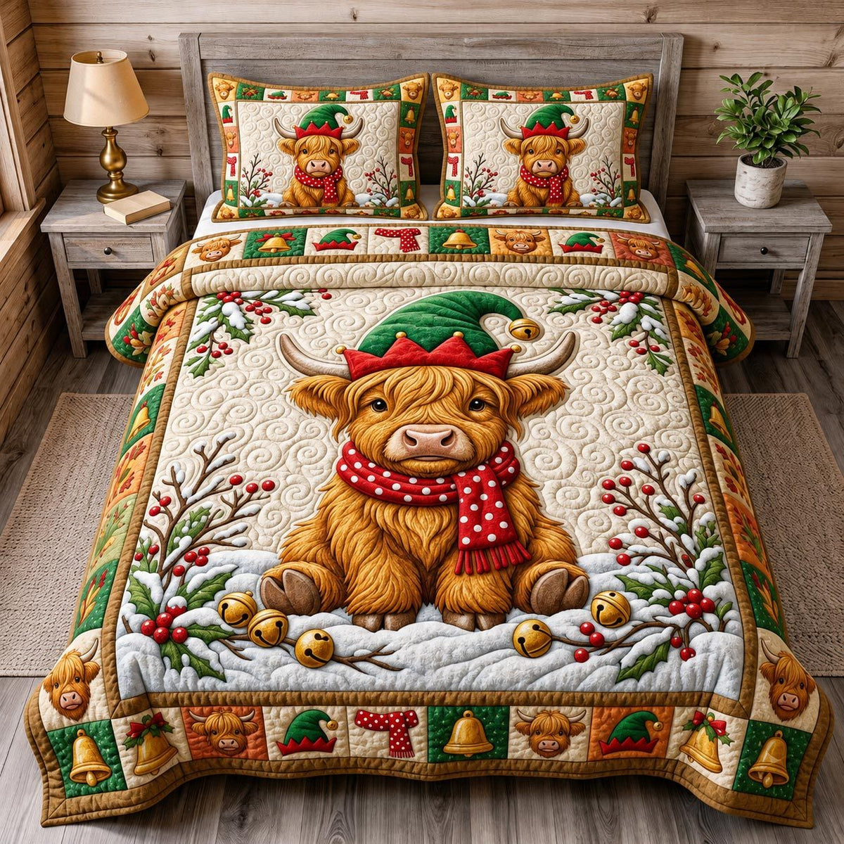 Christmas Highland Cow quilted 3-piece bedding set on a made bed in a winter-styled bedroom