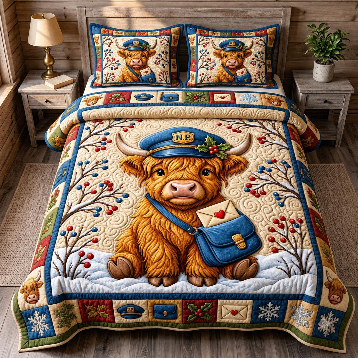 Christmas Highland Cow quilted 3-piece bedding set on a made bed in a winter-styled bedroom