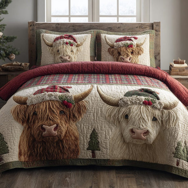 Christmas Highland quilted 3-piece bedding set on a made bed in a winter-styled bedroom
