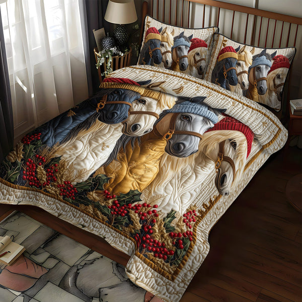 Christmas Horse Friends quilted 3-piece bedding set on a made bed in a winter-styled bedroom