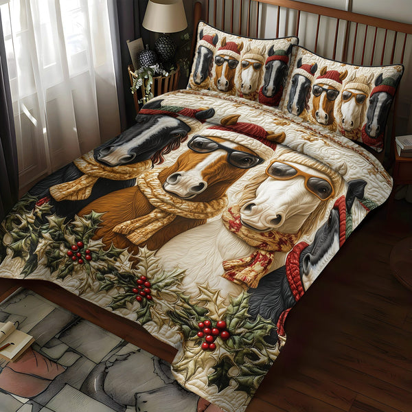 Christmas Horse quilted 3-piece bedding set on a made bed in a winter-styled bedroom