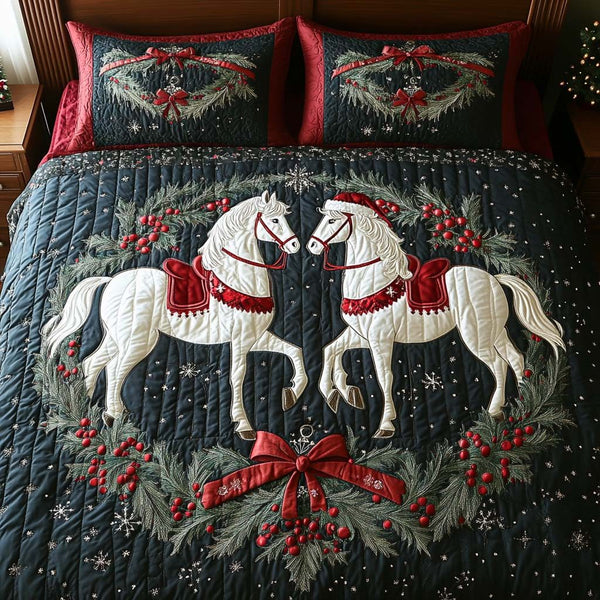 Christmas Horses Wreath quilted 3-piece bedding set on a made bed in a winter-styled bedroom