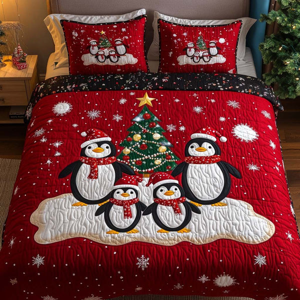 Christmas Joy quilted 3-piece bedding set on a made bed in a winter-styled bedroom