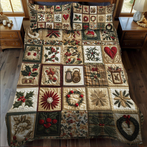 Christmas Kaleidoscope quilted 3-piece bedding set on a made bed in a winter-styled bedroom