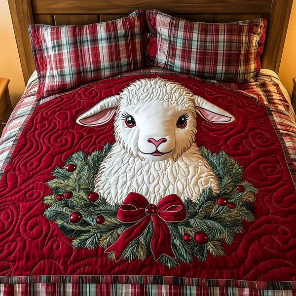 Christmas Lamb Snuggle quilted 3-piece bedding set on a made bed in a winter-styled bedroom