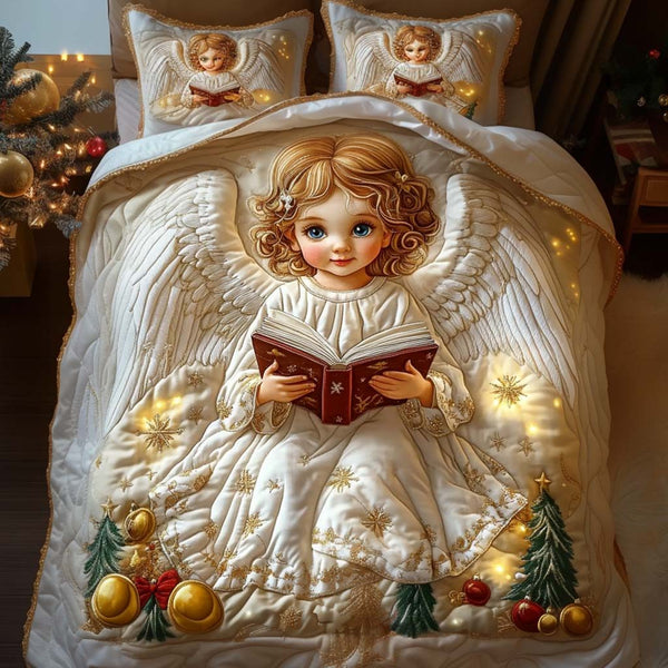 Christmas Light quilted 3-piece bedding set on a made bed in a winter-styled bedroom