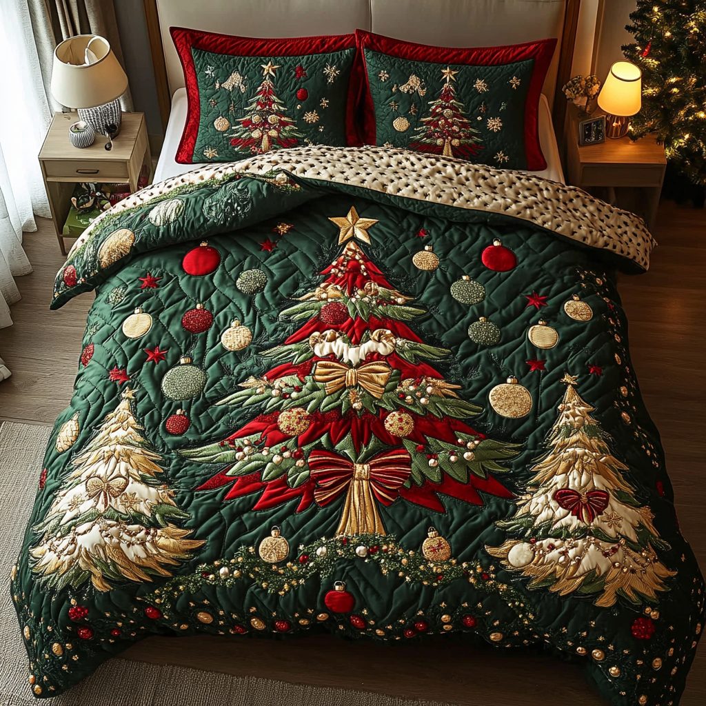 Christmas Magic quilted 3-piece bedding set on a made bed in a winter-styled bedroom